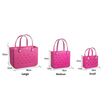 EVA rubber waterproof tote bag by Raspberry Eurybia featuring a stylish beach bag design with durable, waterproof material.