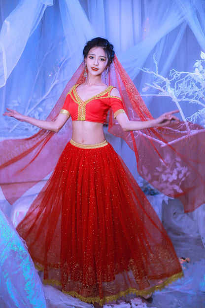 Red Iphigenia Elsa Princess costume for women, belly dance outfit with red and gold details, suitable for cosplay and parties.