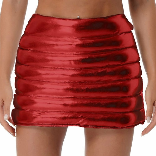 Women’s metallic shiny winter A-line mini skirt by Red Iphigenia, featuring a warm, reflective fabric and stylish silhouette.