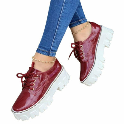 Pink and red thick heel flat platform Oxford shoes for women by Coffee Jasper, featuring a stylish and comfortable footwear design.