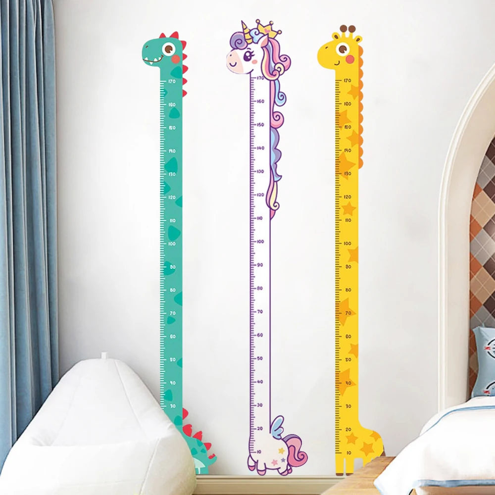 Colorful cartoon unicorn, dinosaur, and giraffe wall height stickers for kids&