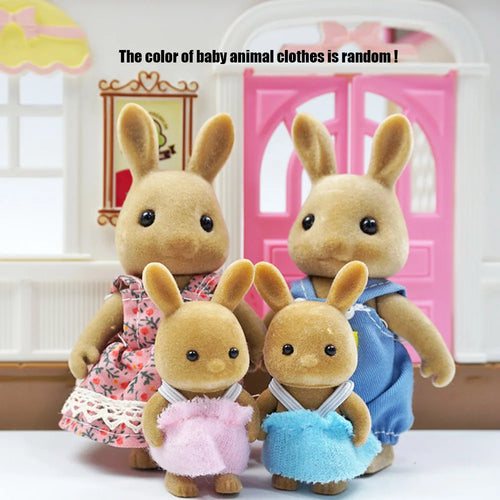 Miniature rabbit doll from AliExpress, part of a 1/12 micro dollhouse set featuring reindeer, sheep, elephant, and squirrel figures.