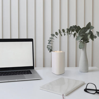 Maroon Asteria portable mini humidifier with small spray nozzle, desktop design, quiet operation, and aroma diffuser feature.