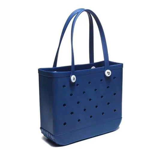 Raspberry Eurybia waterproof EVA rubber beach tote with spacious interior, perfect for shopping or beach outings.