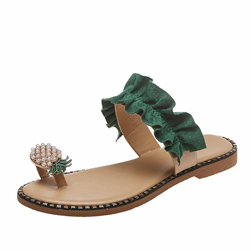 Coffee Jasper pineapple pearl beach slides for women, flat toe casual sandals with vibrant pineapple and pearl details.