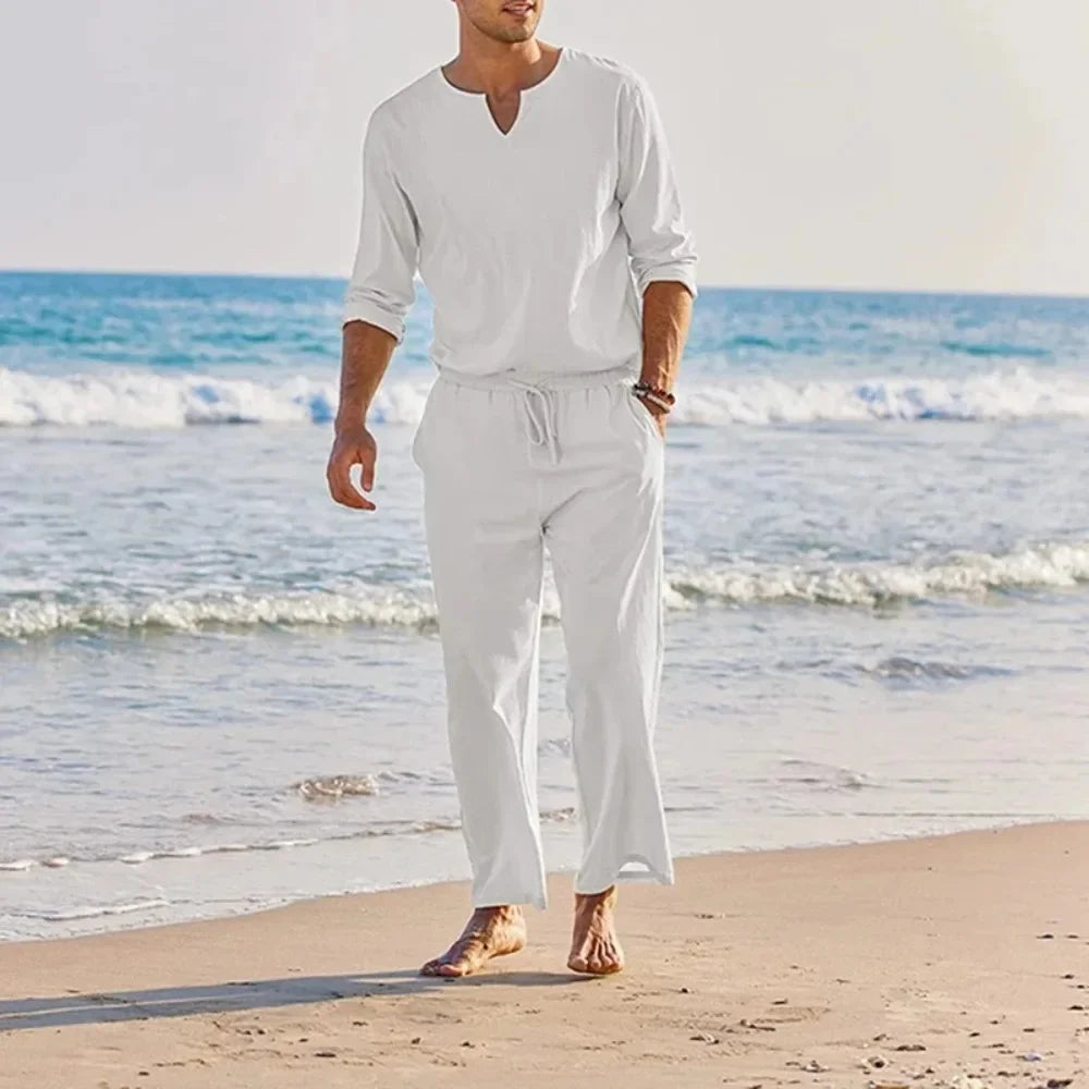 Casual cotton linen two-piece men&