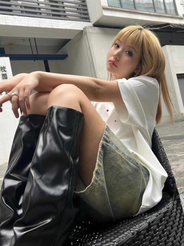 High-waisted denim shorts for women in S-4XL, stylish leisure streetwear by Pink Lucky, featuring a chic Korean-inspired design.