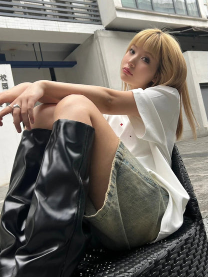 High-waisted denim shorts for women in S-4XL, stylish leisure streetwear by Pink Lucky, featuring a chic Korean-inspired design.