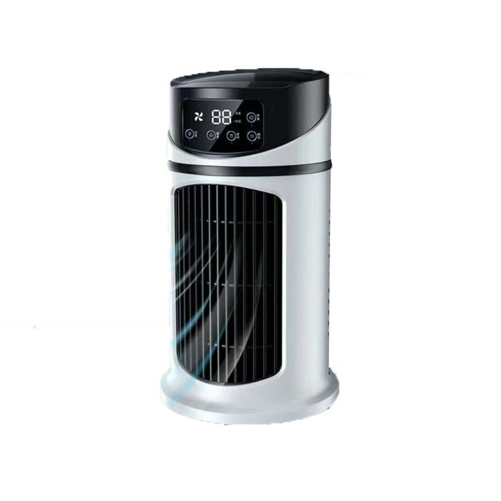 Yellow Pandora mini portable water and air cooling fan for home and garden, showing compact design with water tank and adjustable settings.