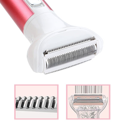 Maroon Asteria 5-in-1 electric lady shaver and nose hair remover, rechargeable haircare device with multiple grooming attachments.