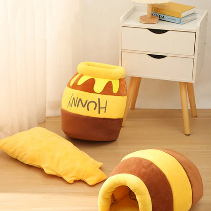 Yellow Pandora honey jar-themed cat bed featuring a cozy, adorable design perfect for small cats or kittens.