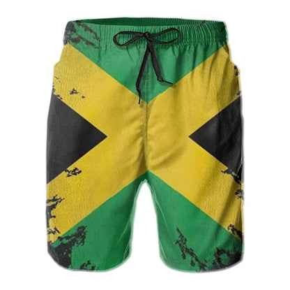 Raspberry Eurybia Jamaica men beach shorts with vibrant tropical print, lightweight fabric, and adjustable waistband for beachwear.