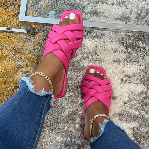 Red Iphigenia summer casual leather slippers for women in blue, pink, and beige, featuring flat outdoor slip-on design.