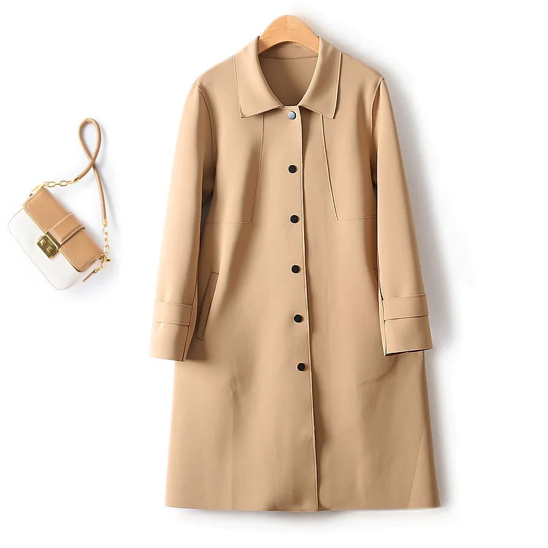 Yellow Angel French fashion light luxury windbreaker, mid-length autumn windbreaker, stylish tech accessory in beige with hood.