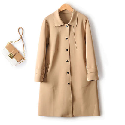 Yellow Angel French fashion light luxury windbreaker, mid-length autumn windbreaker, stylish tech accessory in beige with hood.