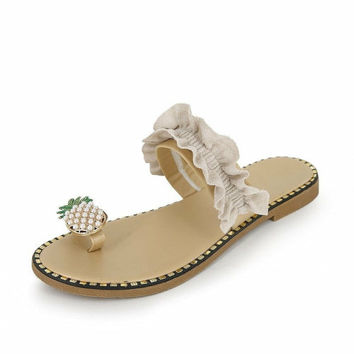Coffee Jasper pineapple pearl beach slides for women, flat toe casual sandals with decorative pearls and tropical style.