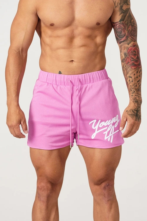 Raspberry Eurybia Young LA trendy beach shorts with colorful floral pattern and comfortable fit, perfect for summer beach outings.