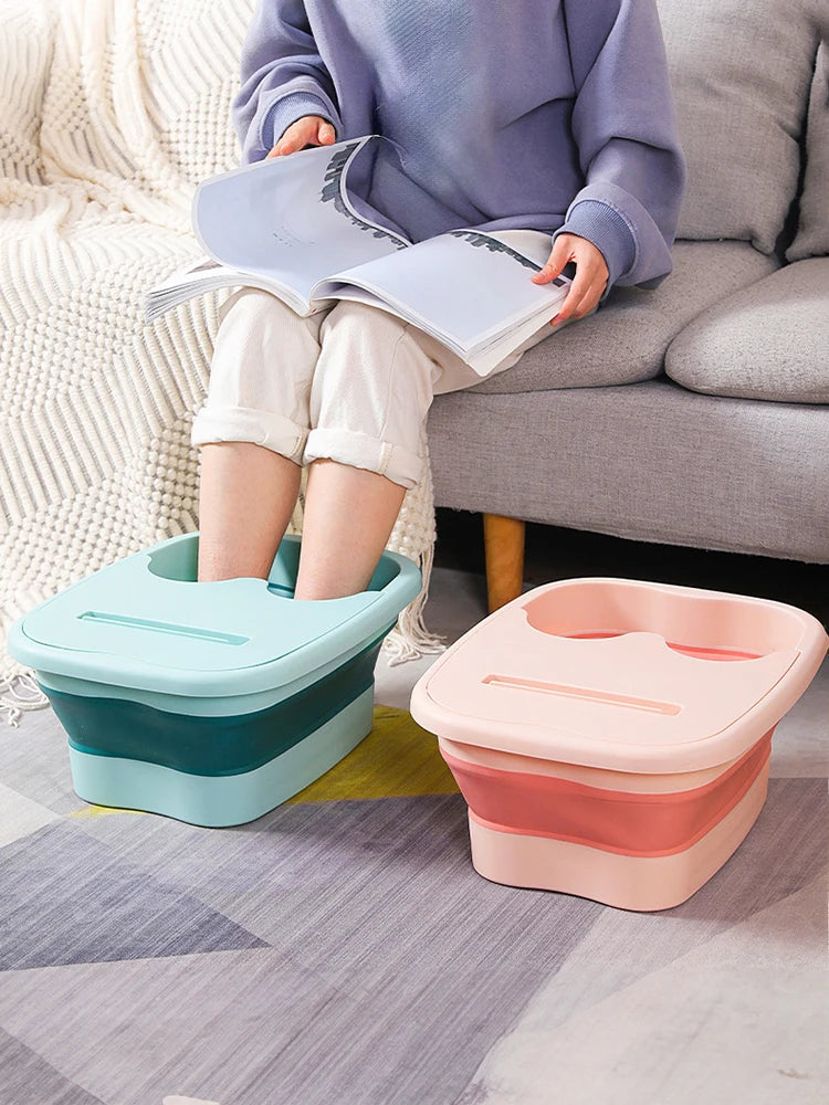 Pink Lucky foldable footbath massage bucket with a spa soaking basin, compact and portable for relaxing foot care sessions.