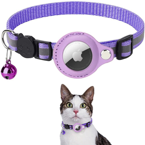 Yellow Pandora reflective Airtag case attached to a pet collar, designed for cats and dogs, with reflective material for visibility.