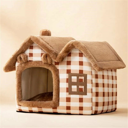 Yellow Pandora plush pet house with removable roof, cozy pet shelter featuring soft fabric and inviting design.