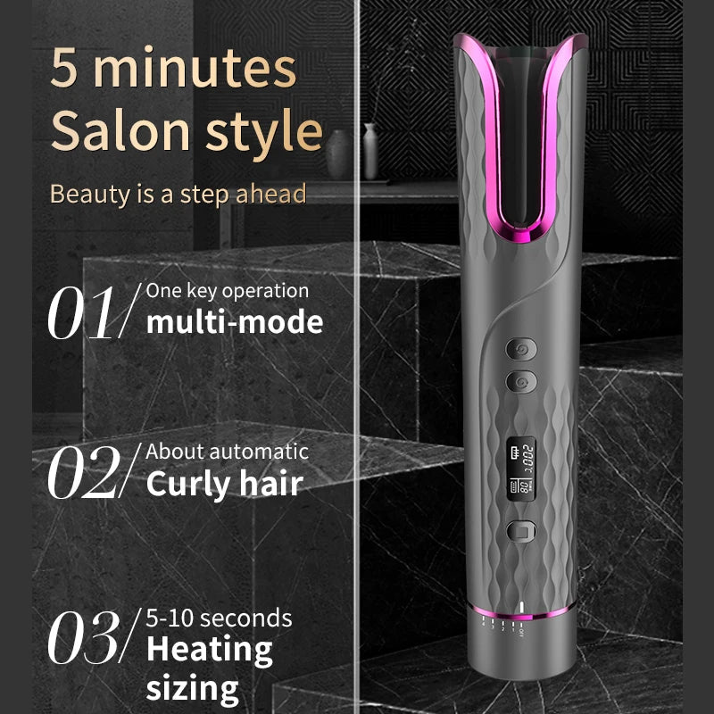 Maroon Asteria wireless electric automatic hair curler with USB charging, portable and designed to prevent hair damage.