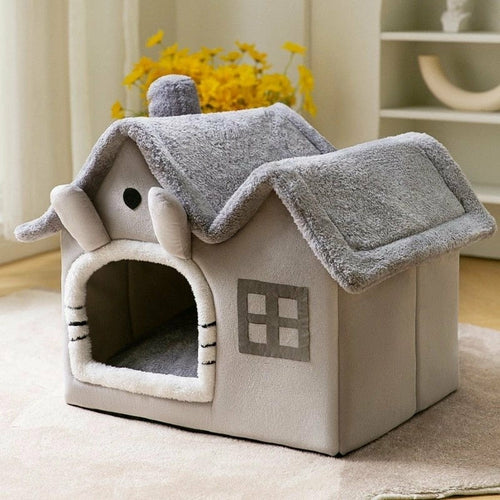 Yellow Pandora removable roof plush pet house with cozy interior and soft fabric for small pets.