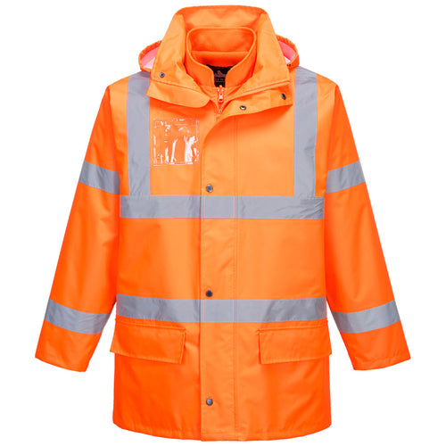 Coral Danae Parka 5 en 1 Essential de alta visibilidad, with multiple layers and high-visibility features, shown in the image.
