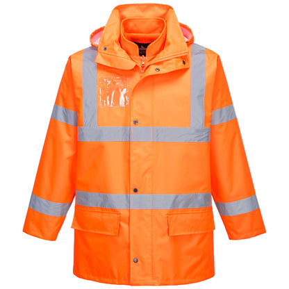 Coral Danae Parka 5 en 1 Essential de alta visibilidad, with multiple layers and high-visibility features, shown in the image.