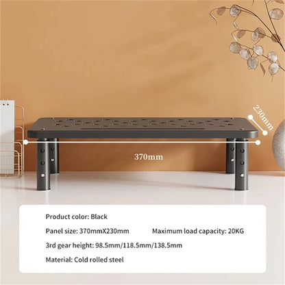 Adjustable computer rack and telescopic monitor holder for desk, elevated PC stand with ergonomic design.