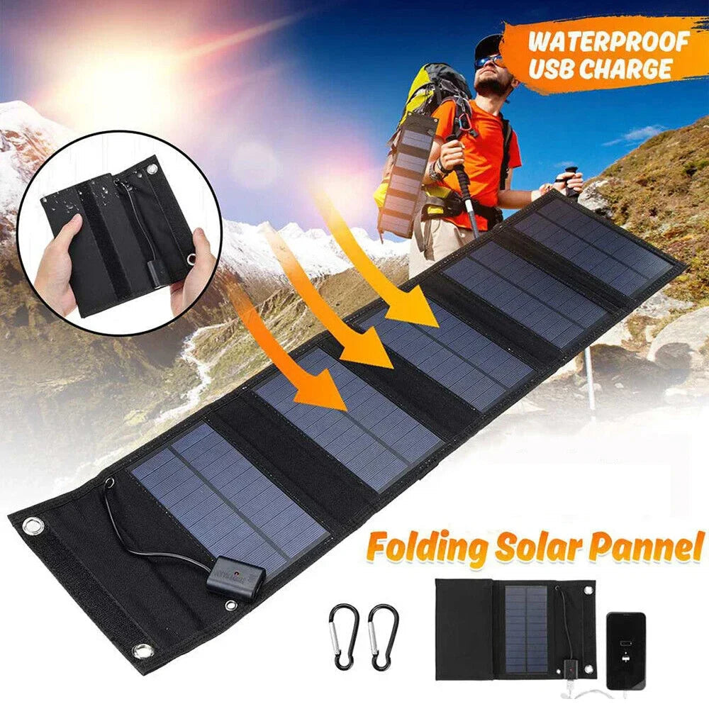 Yellow Pandora portable solar panel with USB charging ports for outdoor sports and outdoor activities, ideal for cell phone charging.
