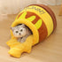 Yellow Pandora honey jar themed cat bed with a cozy, adorable design perfect for cats to rest comfortably.