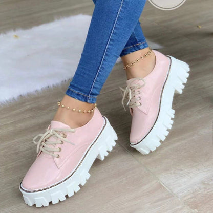 Pink, red, and black thick heel flat platform Oxford shoes for women by Coffee Jasper, featuring a stylish and comfortable footwear design.