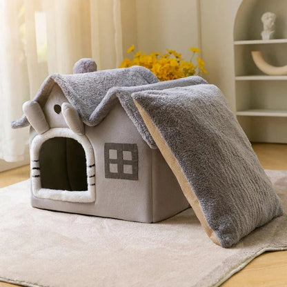 Yellow Pandora removable roof plush pet house with cozy interior and soft fabric for small pets.