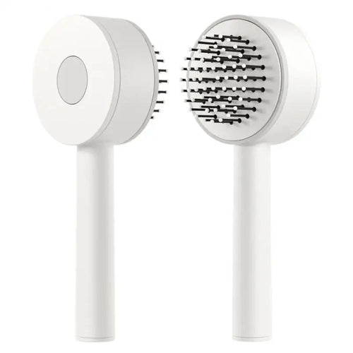 White Eucalyptus self-cleaning hair brush for women with scalp massage, designed for hair loss and easy cleaning.