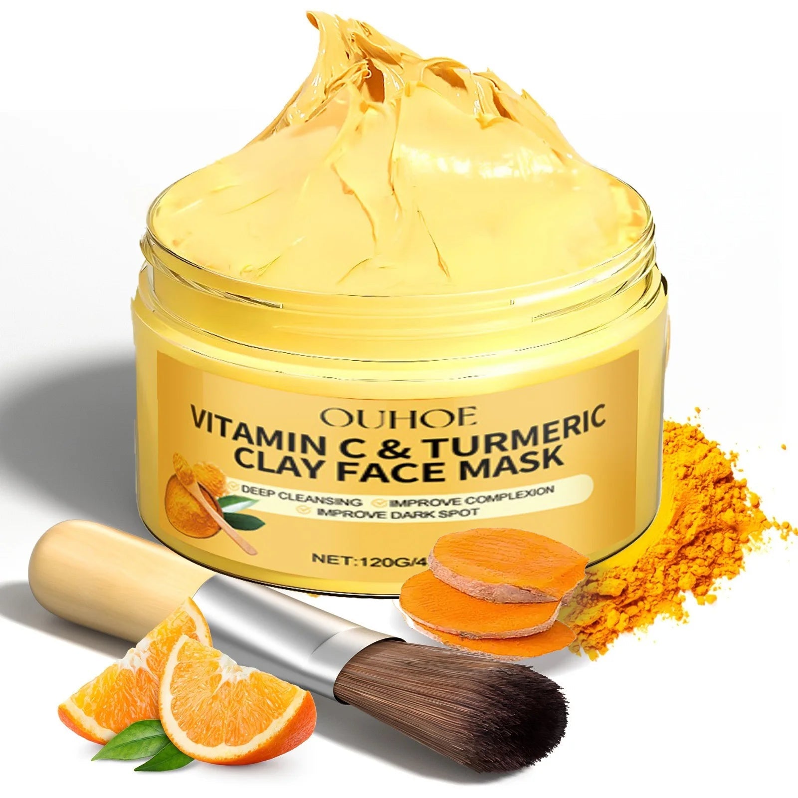 Pear Poppy Vitamin C and Turmeric exfoliating facial mask in a jar, featuring bright orange and yellow ingredients for skincare.