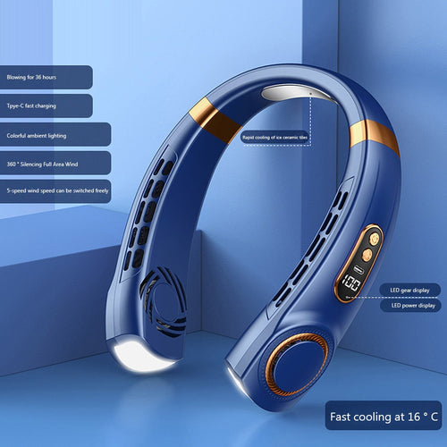 Yellow Pandora LED wearable fan with built-in lighting, a compact tech accessory for personal cooling and illumination.