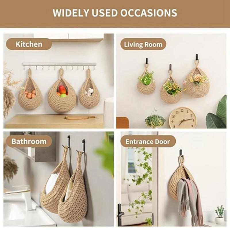 Set of three woven wall hanging fruit baskets by Maroon Asteria, stylish home decor for kitchen storage and organization.