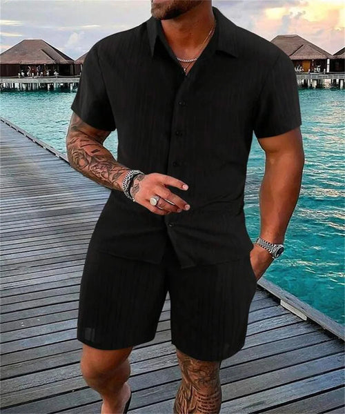 Raspberry Eurybia Irie Men beach shorts set, stylish swimwear with vibrant patterns, suitable for summer beach activities.