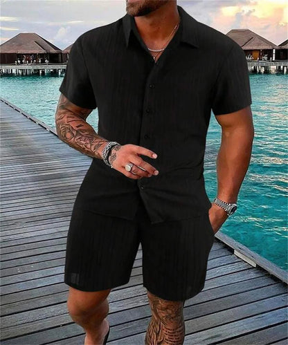 Raspberry Eurybia Irie Men beach shorts set, stylish swimwear with vibrant patterns, suitable for summer beach activities.