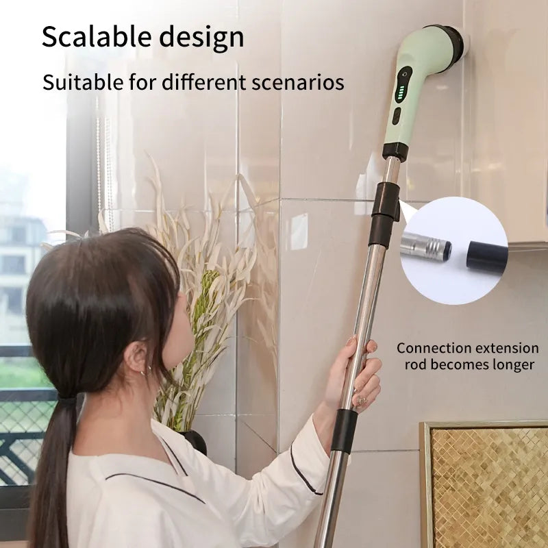 Maroon Asteria wireless electric cleaning brush with multifunctional heads for bathroom and window cleaning, handheld and easy to use.