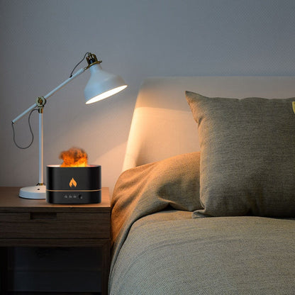 Yellow Pandora essential oil diffuser with flaming effect and timer, showcasing a sleek design and misting feature on a white background.