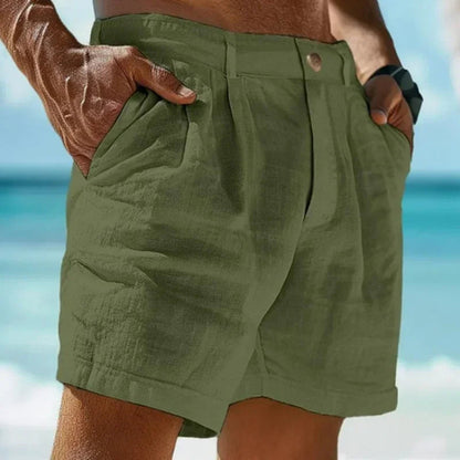 Raspberry Eurybia linen-cotton beach shorts with a relaxed fit, featuring a light, breezy fabric ideal for beach holiday wear.