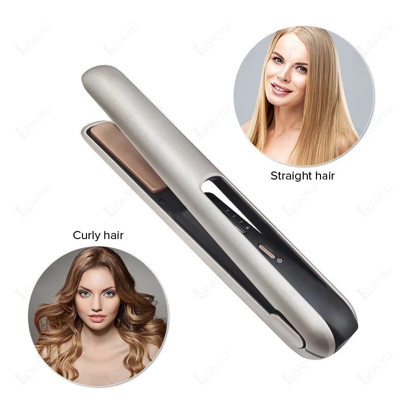Maroon Asteria cordless mini hair straightener and wireless curler with USB charging, compact and portable for styling on the go.