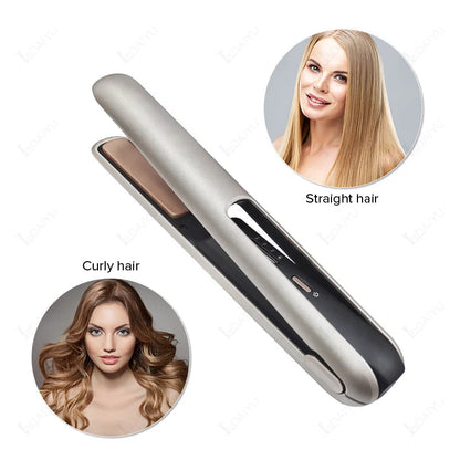 Maroon Asteria cordless mini hair straightener and wireless curler with USB charging, compact and portable for styling on the go.