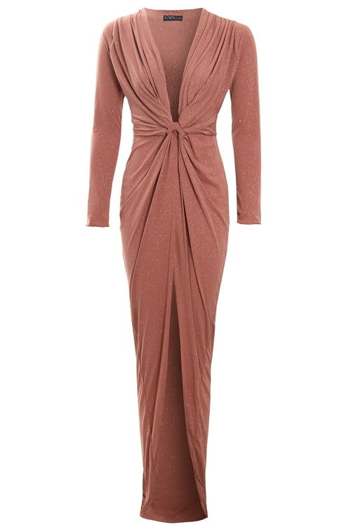 Rose gold twist knot front dress by Blush Athena, featuring a stylish design and elegant fit, perfect for special occasions.