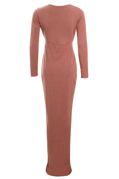 Rose gold twist knot front dress by Blush Athena, showcasing a stylish dress with a fitted bodice and elegant design.