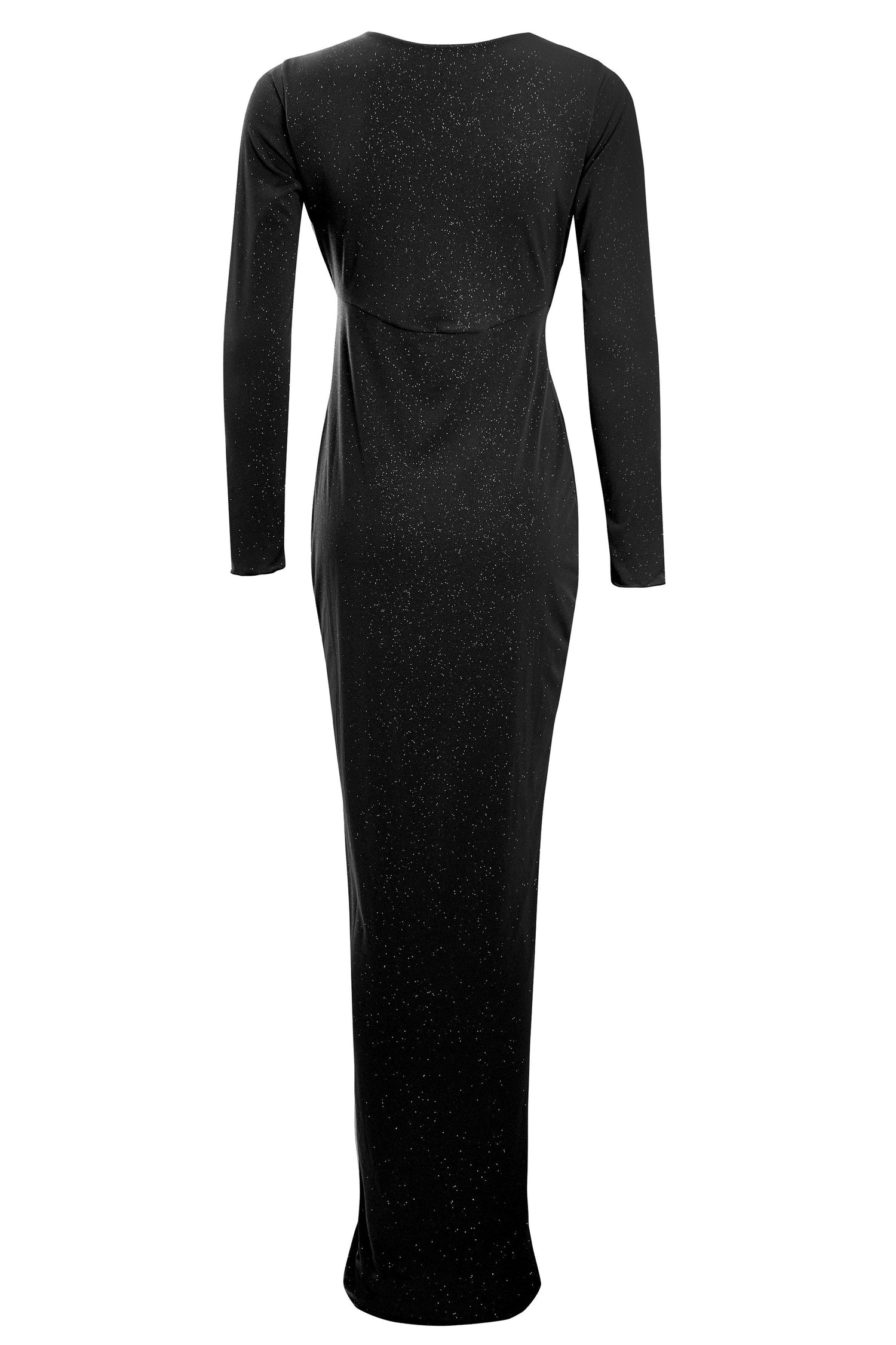 Sparkly black twist front dress by Blush Athena featuring a fitted silhouette and shimmering fabric for elegant occasions.