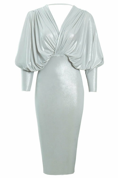 Blush Athena batwing sleeve midi dress with flowing fabric and stylish design, perfect for elegant occasions.