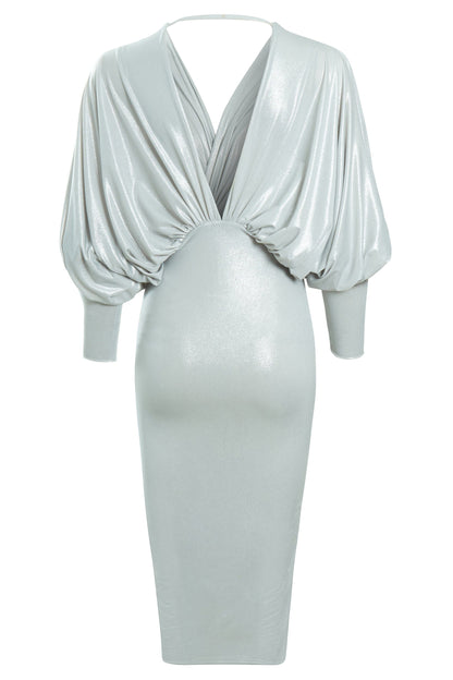 Blush Athena batwing sleeve midi dress featuring flowing fabric and elegant design, perfect for stylish occasions.