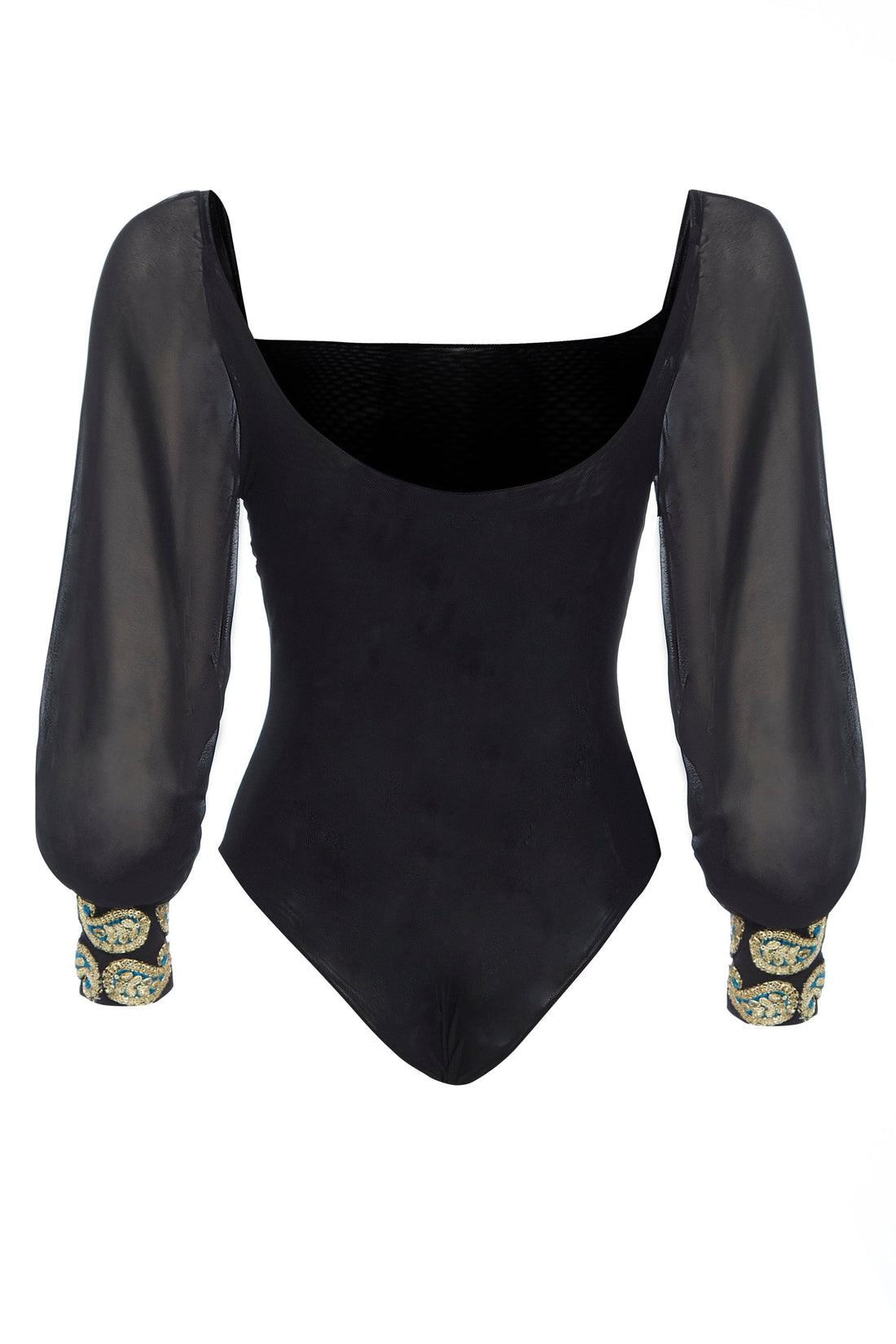 Black mesh bodysuit by Blush Athena, featuring a fitted design and sheer mesh fabric, perfect for stylish dresses or layered looks.